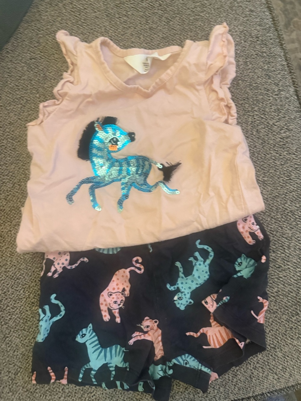 H&M Pink Top with Blue Sequin Unicorn & Navy Printed Shorts